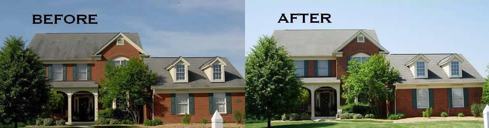 Before and after images of a residential home that O'lyn Roofing provided Roof Cleaning Services to.
