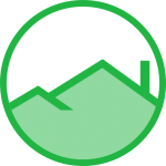A green logo with an outline of a roof.