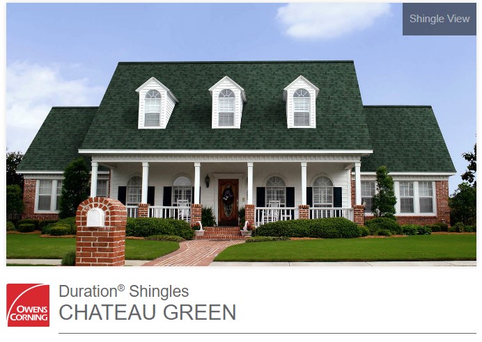 Home showing Owens Corning Chateau Green Shingles.