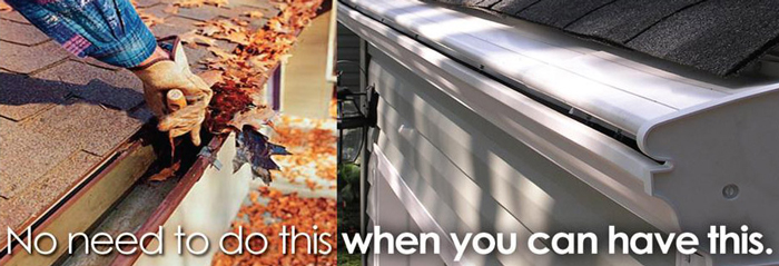 Image depicting a person on a roof cleaning gutters and another image showing a gutter guard that blocks debris.