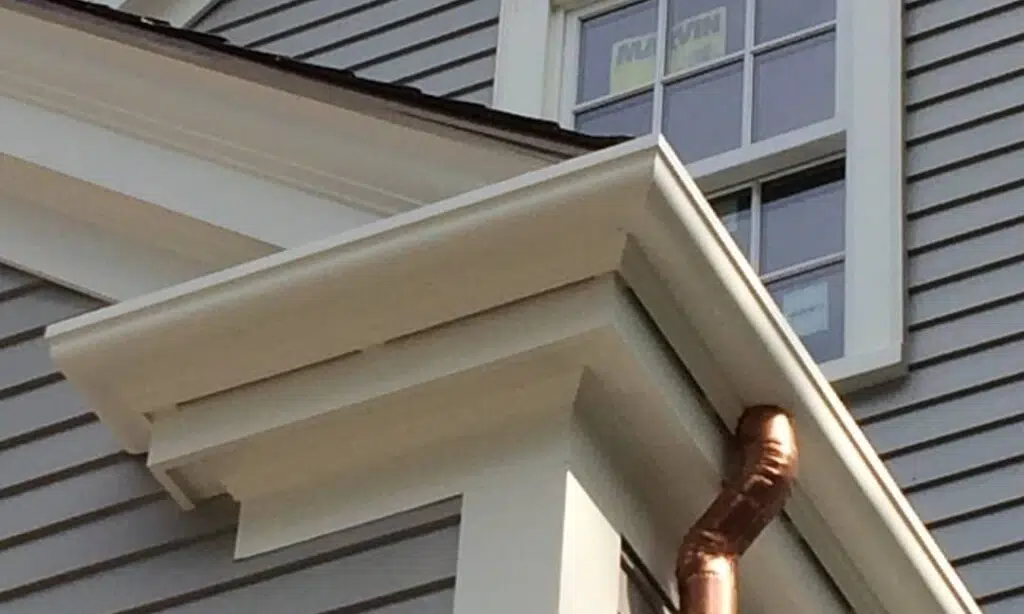 fiberglass gutters with copper downspout