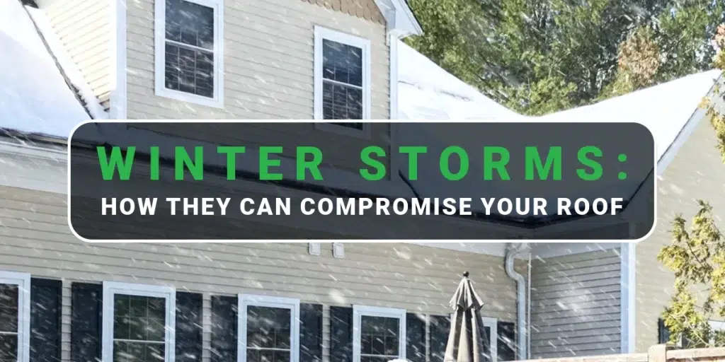 A home with a sign that reads "Winter Storms: How They Can Compromise Your Roof", highlighting the potential risks that winter storms can pose to roofs in the Greater Boston area.